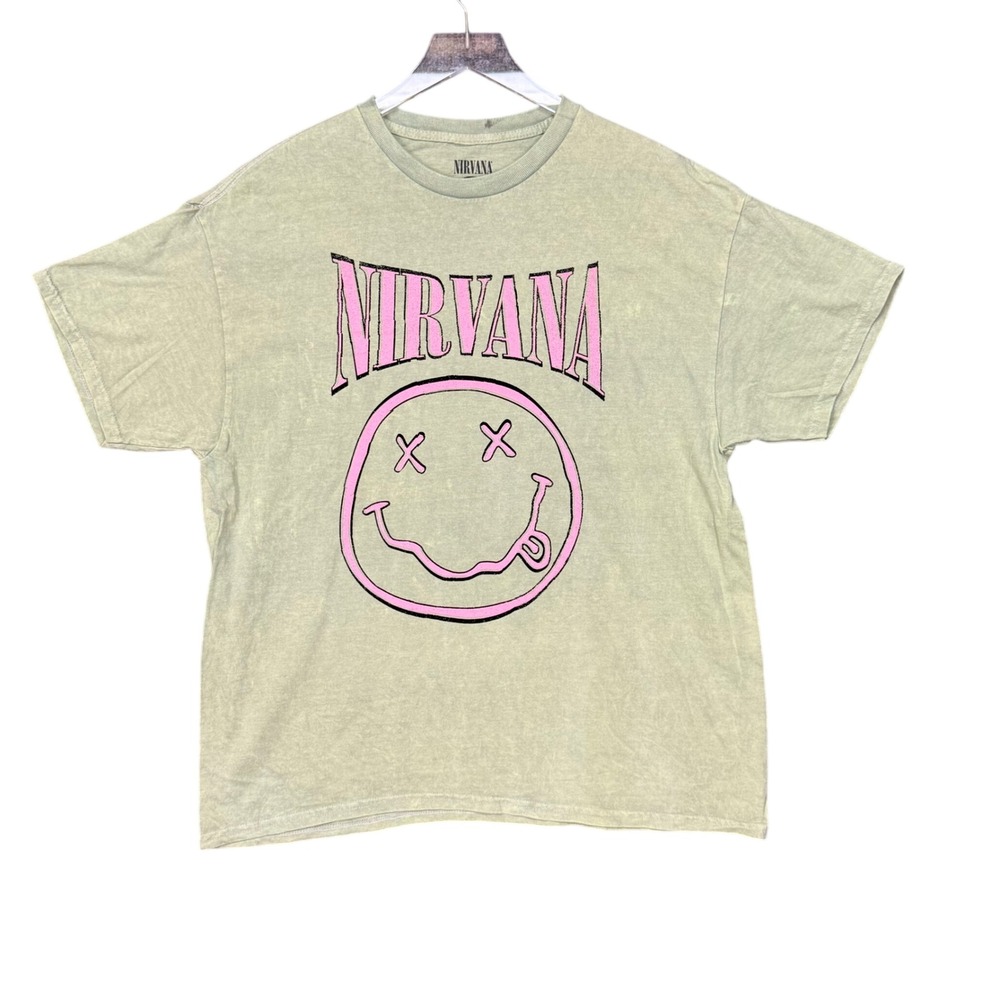 Nirvana Band Tee Mens XL Green Pink Graphic T-Shirt Smiley Face Short Sleeve